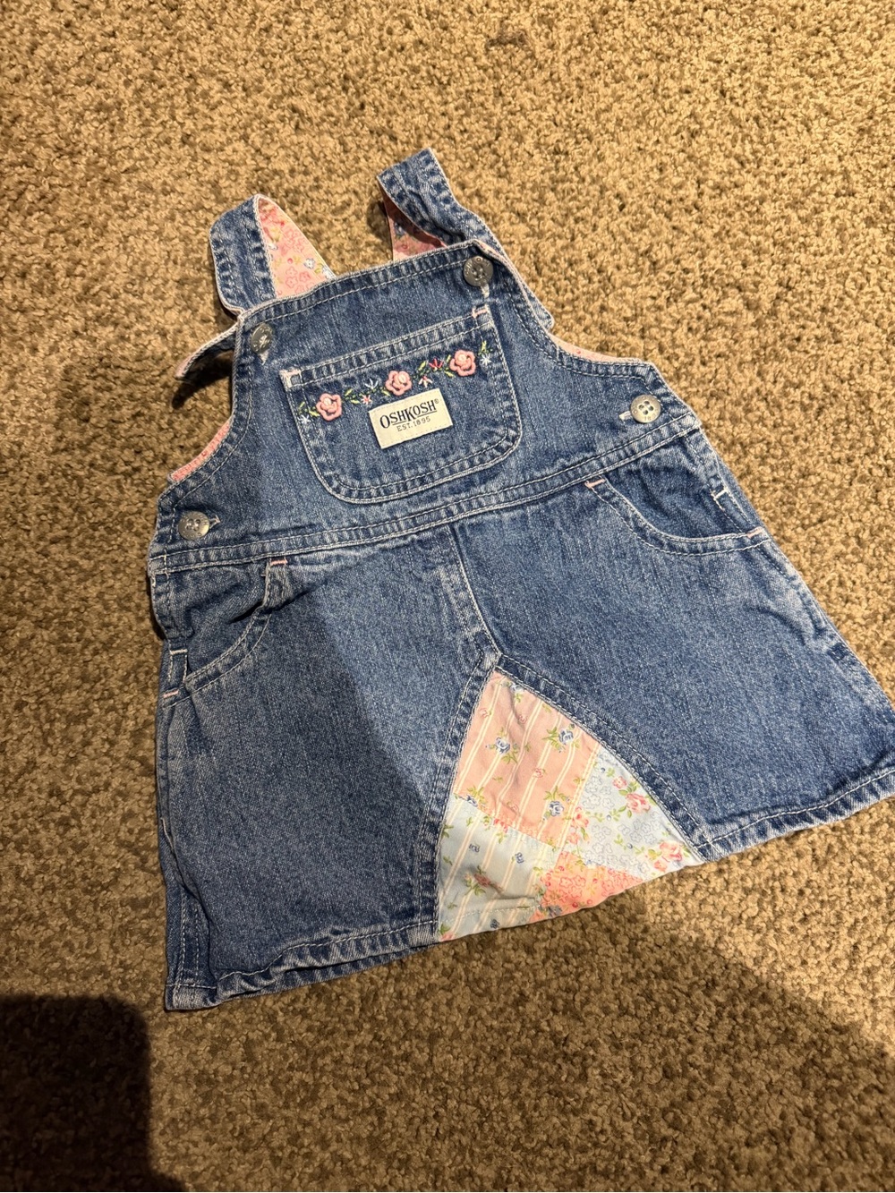 Vintage OshKosh B'gosh Denim Overall Dress with Pink Floral Accents